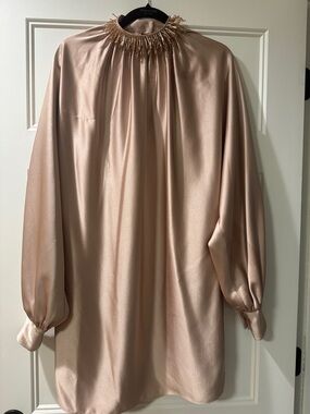 Trina Turk Blush Satin High-Neck Tunic Dress with Embellished Neckline